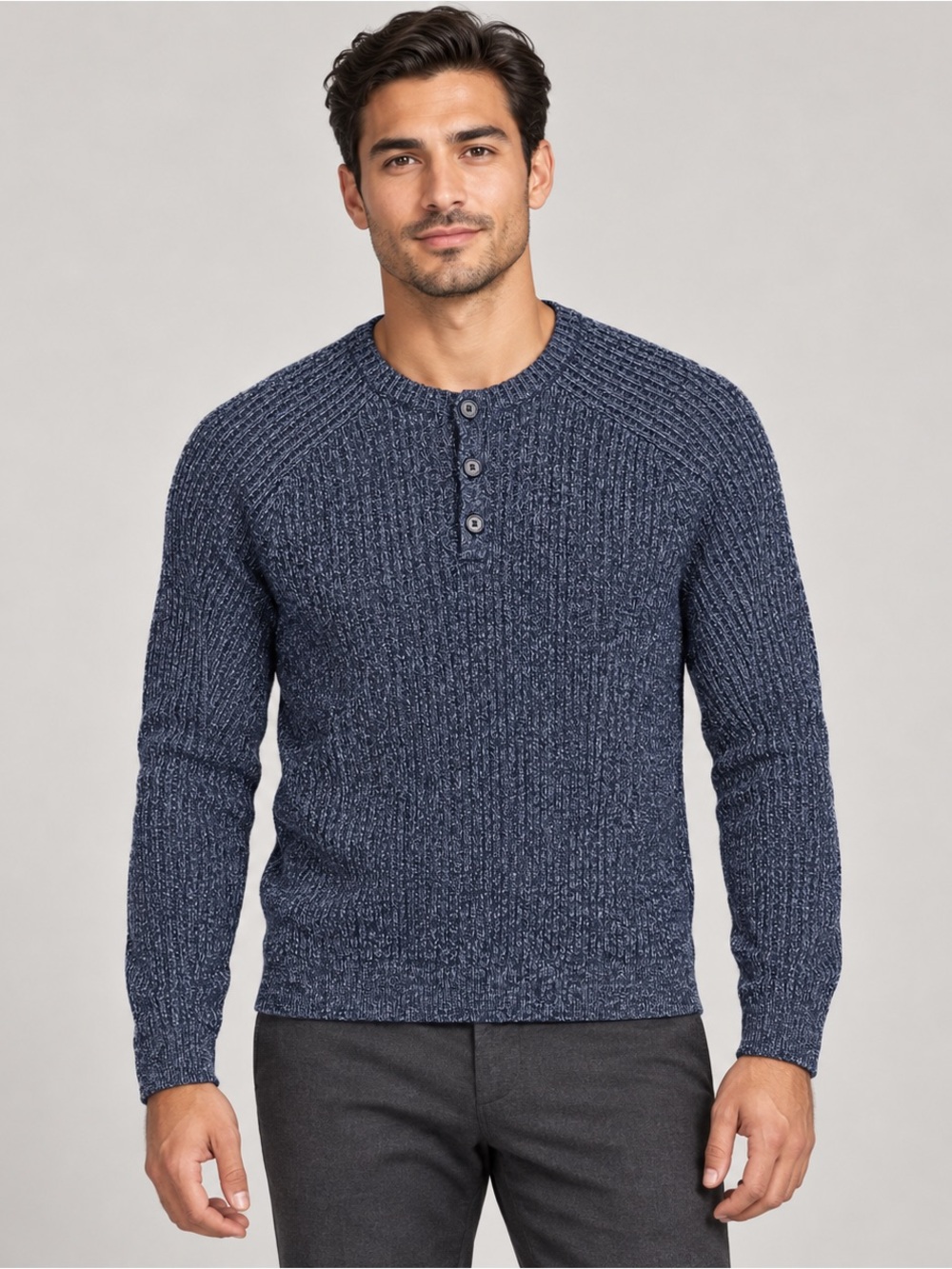 Armani Exchange Men’s Heather Blue Ribbed Henley Sweater Cotton Small